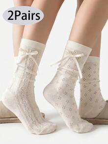 2 Pairs Cream Mesh Socks With Butterfly Ribbon Side, Fashionable Matching Hollow Heart Mid-Calf Socks, Aesthetic For Spring/Summer - White - View 2