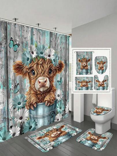 1/4件套趣味高地牛图案浴帘套装，适合浴室装饰；蓝绿色雏菊蝴蝶图案，农舍风格，防水，包含涤纶浴帘、防滑浴垫、U型马桶垫、带12个挂钩的马桶盖套 - 现代风格，是家居装饰、浴室配件和乔迁礼物的理想之选，易于清洁和保养，适合所有季节。