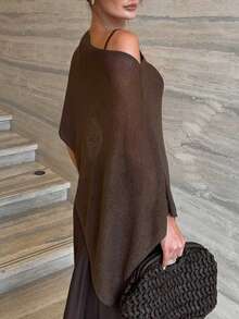 Women's Sheer Poncho Top, Lightweight Cover-Ups Crochet Shrug Bolero Mesh Knit Top,See-Through Off Shoulder Solid Color Irregular Knitted Loose Pullover, Boho Batwing Sleeve Sweater Cover Up Beachwear,Boho Aesthetic Beach Going Out Streetwear,Spring To Summer Outfits,Rave Outfit,Concert Outfit,Summer Vacation Outfits - 淺棕色 - 查看 5