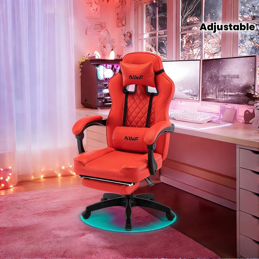 Adjustable Gaming Chair, Comfortable & Soft Office Chair With Headrest And Lumbar Support, Suitable For Work, Rest And Leisure - Red - View 1