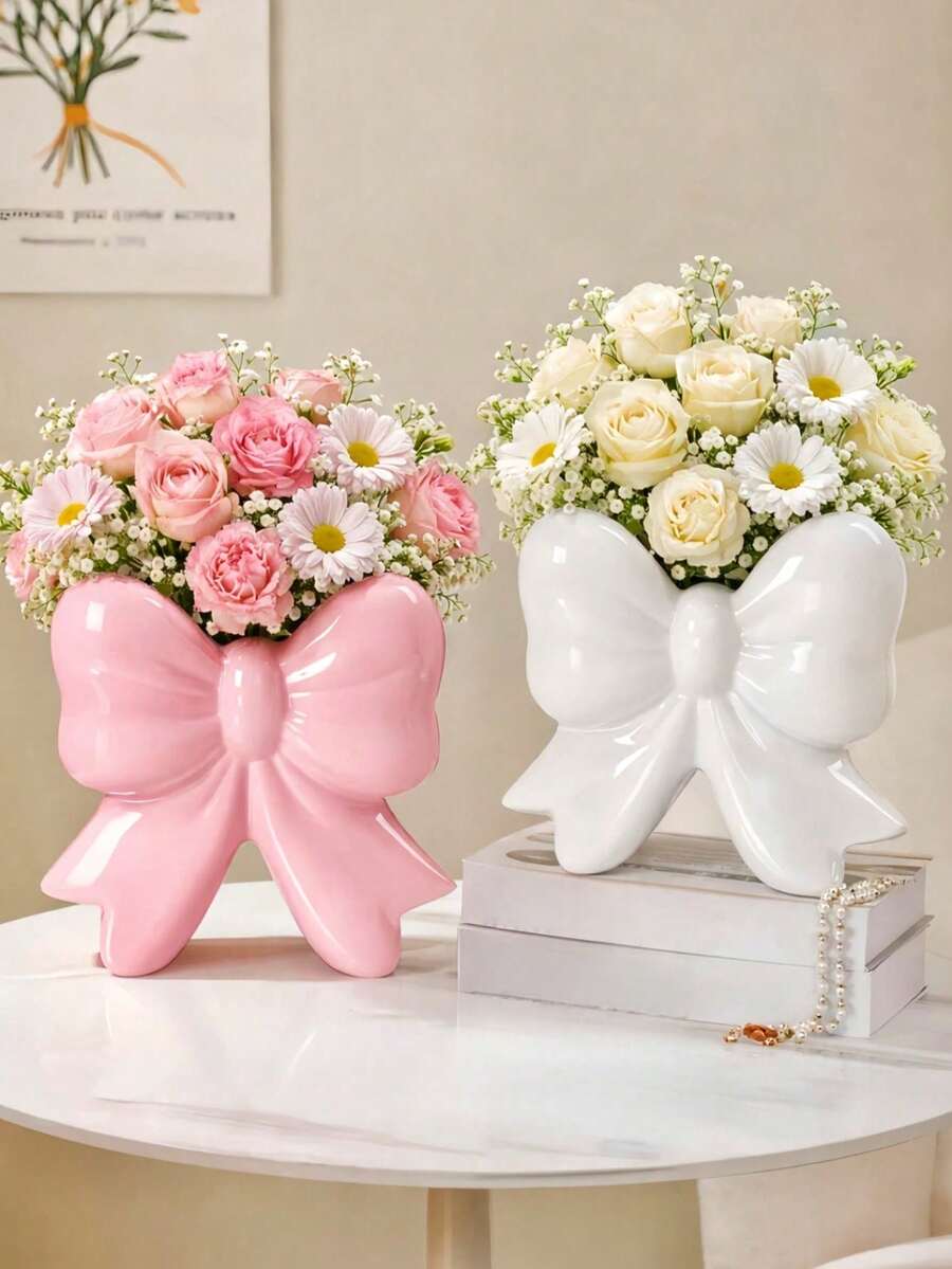 1个粉色蝴蝶结花瓶装饰,可爱卡哇伊风格,适合插鲜花/干花,现代波西米亚风家居装饰,适用于卧室梳妆台、客厅、浴室、办公室、婚礼、生日派对、书桌摆件,送给女孩的礼物 - 多色 - 查看 1