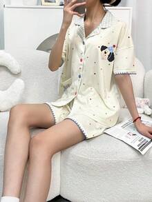 两件套女士睡衣套装，包括翻领短袖格子印花口袋上衣和波点印花短裤，居家休闲舒适。 - 黃色 - 查看 8