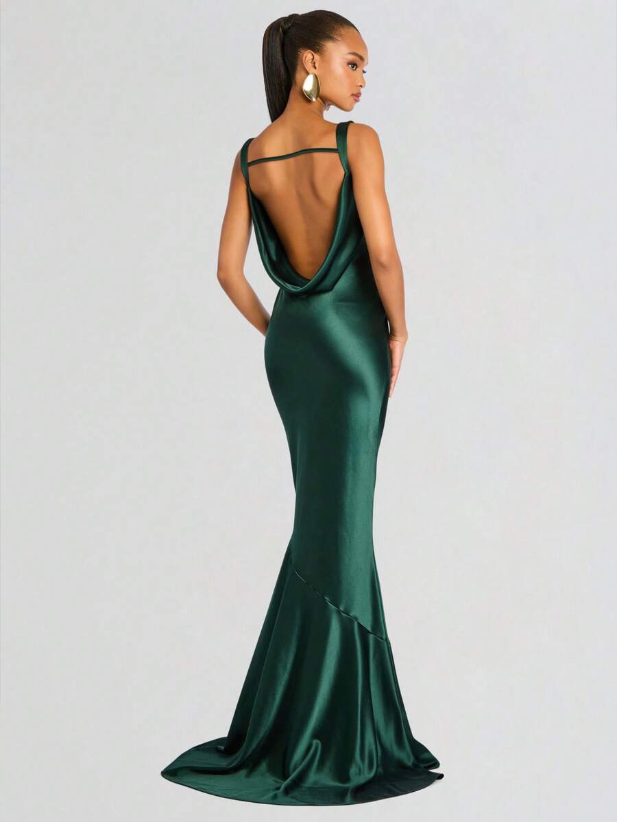 Đầm maxi dự tiệc cocktail, đầm dạ hội, đầm dự đám cưới, đầm dự tiệc, đầm ngày Valentine, đầm dự lễ hội âm nhạc dành cho nữ, không tay, dây mảnh, hở lưng, chất liệu dệt kim, dáng đuôi cá, xếp ly. - Xanh đậm - Xem 1