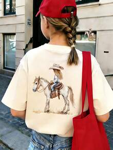 Tween Girls' Casual Funny Print Crew Neck Short Sleeve T-Shirt, Summer Top - Apricot - View 1