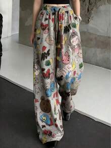 女士卡通印花阔腿裤，宽松休闲裤，春季款 - 灰色 - 查看 3