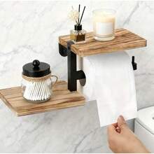 1/2pcs Wall Mounted Wooden Toilet Paper Holder, 2-In-1 Tissue Storage Rack, Rustic Farmhouse Style Organizer For Bathroom & Kitchen - 2 Pcs - View 4