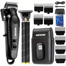 WEEME 男士理容套装（4件/3件/1件），USB充电式理容套装，包括理发器、电动剃须刀、鼻毛修剪器，多功能男士理发和胡须护理套装，理想的礼物，适合居家和旅行使用。 - 黑色 - 查看 10
