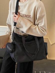 Nueva bolsa de lona de moda casual con patrón de corazón y múltiples bolsillos para mujer con monedero - Negro - Ver 5