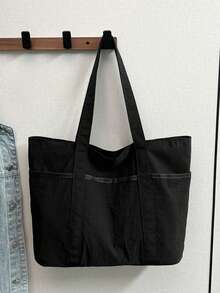 男士纯色休闲手提包，条纹大容量帆布单肩包 - 黑色 - 查看 7