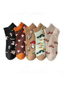 5 Pairs Women's Spring/Autumn Short Socks, Unique Mushroom Cartoon Crew Socks, Low-Cut Transparent Boat Socks - Multicolor - View 6
