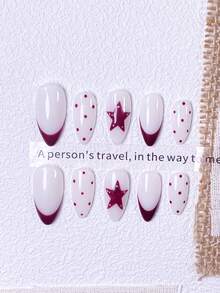 10pcs Handmade Cream White & Burgundy Star Nail Stickers Set (Small/Medium/Large): Cream White Base With Burgundy French Tips, Polka Dots And 3D Star Studs, Sweet And Neutral Style, Fine Glossy Texture, Suitable For Daily Outings, Light Fashion Social Occasions, Reusable, Pearl White Base With Navy Blue French Tips And Polka Dots - Red - View 4