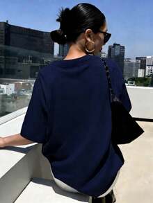 Women's Casual Round Neck Short Sleeve T-Shirt, Printed With "LA DOLCE VITA" Pattern, Knitted Fabric Regular Length Top, Suitable For Commuting And Streetwear, Y2K Style - Navy Blue - View 2