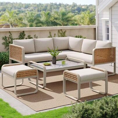 Rattan Garden Set For 6 To 7 People, Corner Sofa With Galvanized Iron Frame And Adjustable Feet, Including All Seat And Back Cushions, Beige.