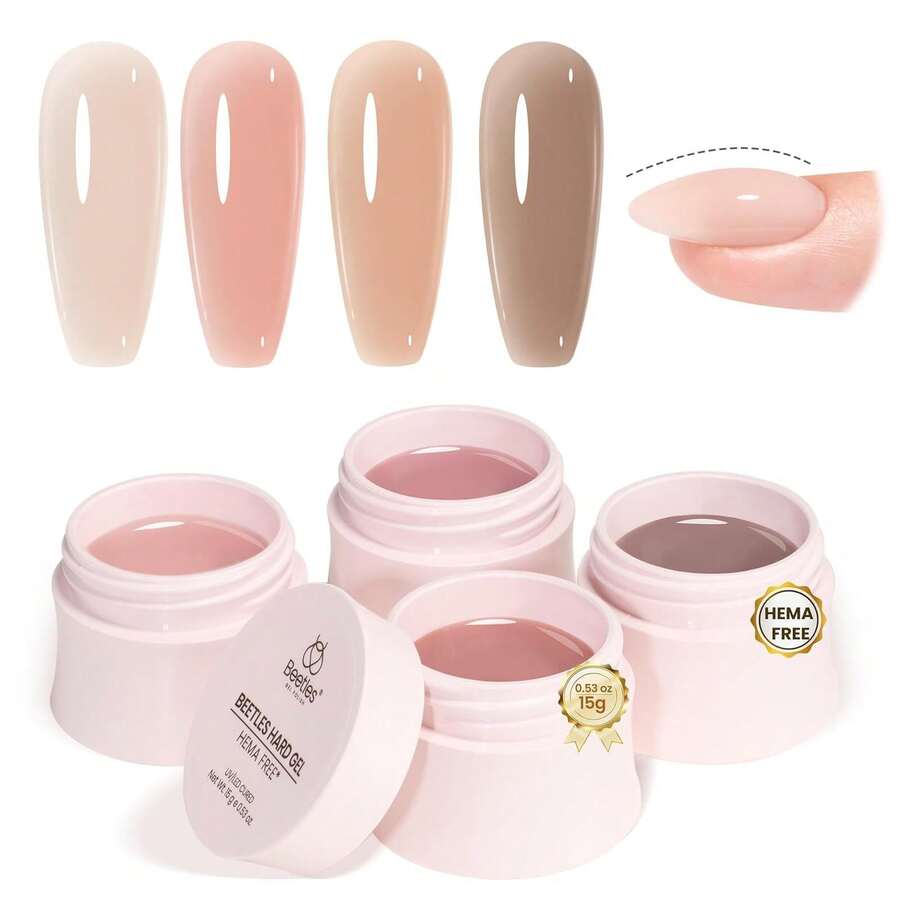 Beetles HEMA-Free Hard Gel For Nails - 9 In 1 Clear & Jelly Nude UV LED Sculpting Gel, Nail Extension & Repair With Flat Brush, High Hardness Manicure For Pros & Women - 4Pcs 15g HEMA-Free Neutrals - 查看 1