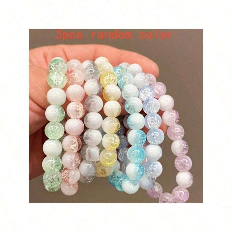 8mm Colorful Glass Crackle Bead Mix Handmade Bracelet Set For Women - 3pcs Milk Foam With Bursting Flowers - View 1