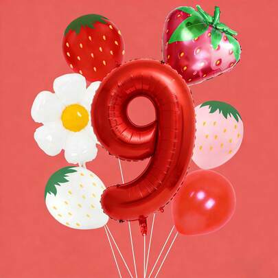 1 Set de decoraciones de fiesta con tema de fresa, incluye número rojo de 32 pulgadas, globos con forma de fresa, globos de margarita, adecuado para fiesta de cumpleaños de bebé, fiesta de niña, reunión de novia, picnic, celebración de vacaciones y talla grande