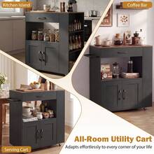 COSTWAY Kitchen Island Cart With Storage, Rolling Kitchen Island On Wheels With Large Drawer, 2-Door Cabinet, Towel Rack & 3-Tier Spice Racks, Mobile Kitchen Cart For Dining Room, Black - Black - View 3