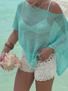 FOR BEAUTY Women's Summer New Knit Top, Casual Style, Light Green Solid Color Loose Shoulder Cover, Bohemian Style, Suitable For Beach And Vacation - Mint Green - View 3