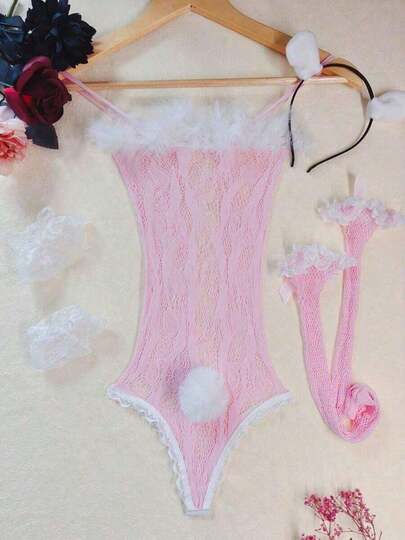 Naughty Roleplay Costume, Fishnet Lace Trim Camisole Bodystocking With Headpiece, Armband And Stockings, Lingerie Set Women