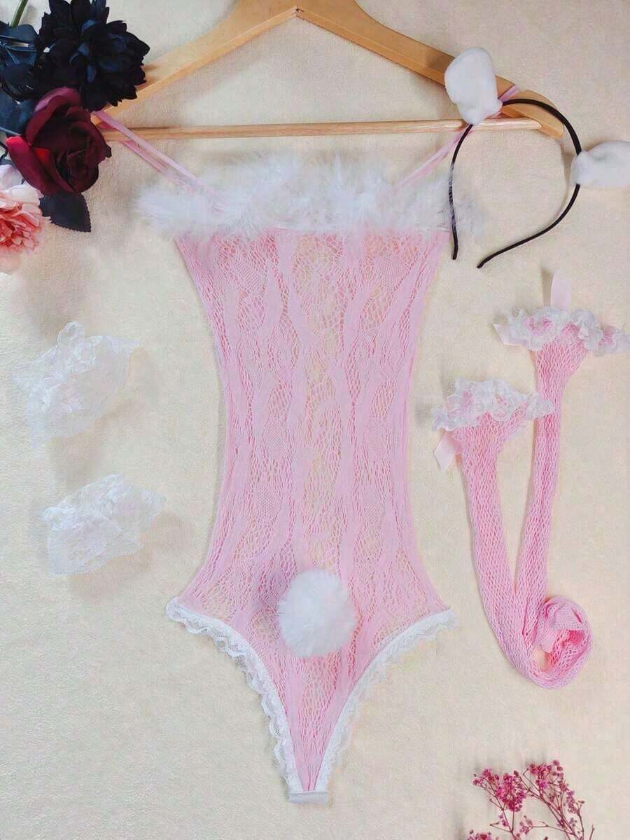 Naughty Roleplay Costume, Fishnet Lace Trim Camisole Bodystocking With Headpiece, Armband And Stockings, Lingerie Set Women - 粉色 - 查看 1