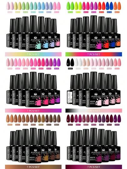 MSRUIOO 7支装8毫升凝胶指甲油套装，裸色、粉色、红色、闪粉，可卸UV凝胶指甲油，马卡龙色，适合春夏，持久不脱妆，无铅半永久凝胶抛光套装，美甲用品，四季皆宜，DIY美甲设计，装饰用途，美甲彩绘凝胶指甲油套装，含底油和面油，沙龙必备，女士礼物。
