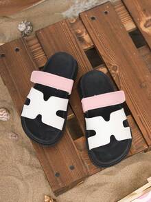 1 Pair Summer Kids Flat Thick Sole Slide Sandals, Fashion Versatile Hook And Loop Design Slip-On Girls Slippers, Suitable For Outdoor, Party, Beach - Pink - View 2