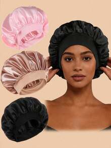 Women's Solid Color Wide Brim Elastic Polyester Satin Sleep Cap, Single Layer Soft Silk-Feel Hair Cap, Suitable For Curly Hair Night Care - Multicolor - View 16