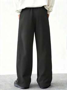 Men's Loose Fit Wide Leg Pants In Gray, Featuring Solid Color Design With Drawstring Waist Details, Made Of Thin Polyester Fabric, Suitable For Casual Wear, Everyday Outings And Sports Activities In Spring And Summer - màu đen - Xem 4