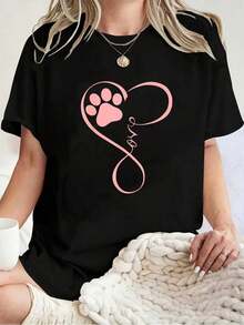Camiseta Unisex 100% Algodón con Estampado de Pata de Perro y Corazón Rosa para Amantes de Perros - Camiseta de Manga Corta - Negro - Ver 6