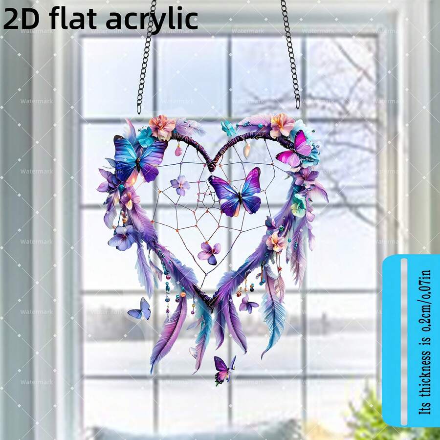 Móc treo giấc mơ hình trái tim màu tím phẳng 2D, đồ trang trí cửa sổ bằng acrylic, vật bắt ánh nắng mặt trời bằng acrylic, đồ trang trí treo tường cho phòng ngủ, hiên nhà, sân vườn, quà tặng sinh nhật sáng tạo, quà tặng ngày lễ - A - Xem 1