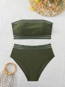 Bộ bikini hai mảnh cạp cao, phối lưới tương phản màu đen trơn, thích hợp cho kỳ nghỉ hè ở bãi biển. - xanh quân đội - Xem 3