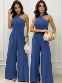 Women's Long Jumpsuit With Defined Waist And Built-In Bra Cups, Size M (38), Lightweight Duna Fabric. - Quần jean xanh - Xem 2