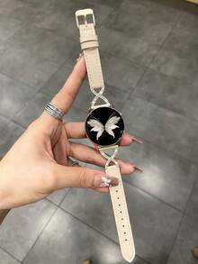 20mm X-Shape Cow Leather Watch Band With Rhinestones, Suitable For Samsung, Watches - Apricot - View 2