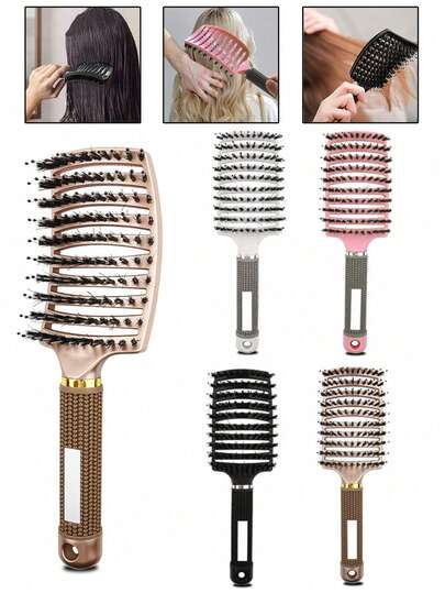 1pc Pig Rib Shaped Hairbrush, Soft Bristle Design With Massage Pins, Anti-Static Curved Hair Brush, Gentle On Hair, Suitable For Dry And Wet Use, Fits All Hair Types, Head Massage Brush, Hairstyling Tool Hair Styling Kit Hair Tool Kit
