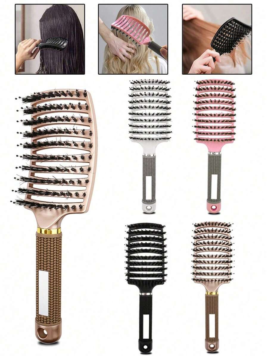 1 pieza Cepillo de pelo con forma de costilla de cerdo, diseño de cerdas suaves con pines de masaje, cepillo de pelo curvo antiestático, suave para el cabello, apto para uso seco y húmedo, se adapta a todo tipo de cabello, cepillo de masaje para la cabeza, herramienta de peinado, kit de herramientas para el cabello - Multicolor - Ver 1