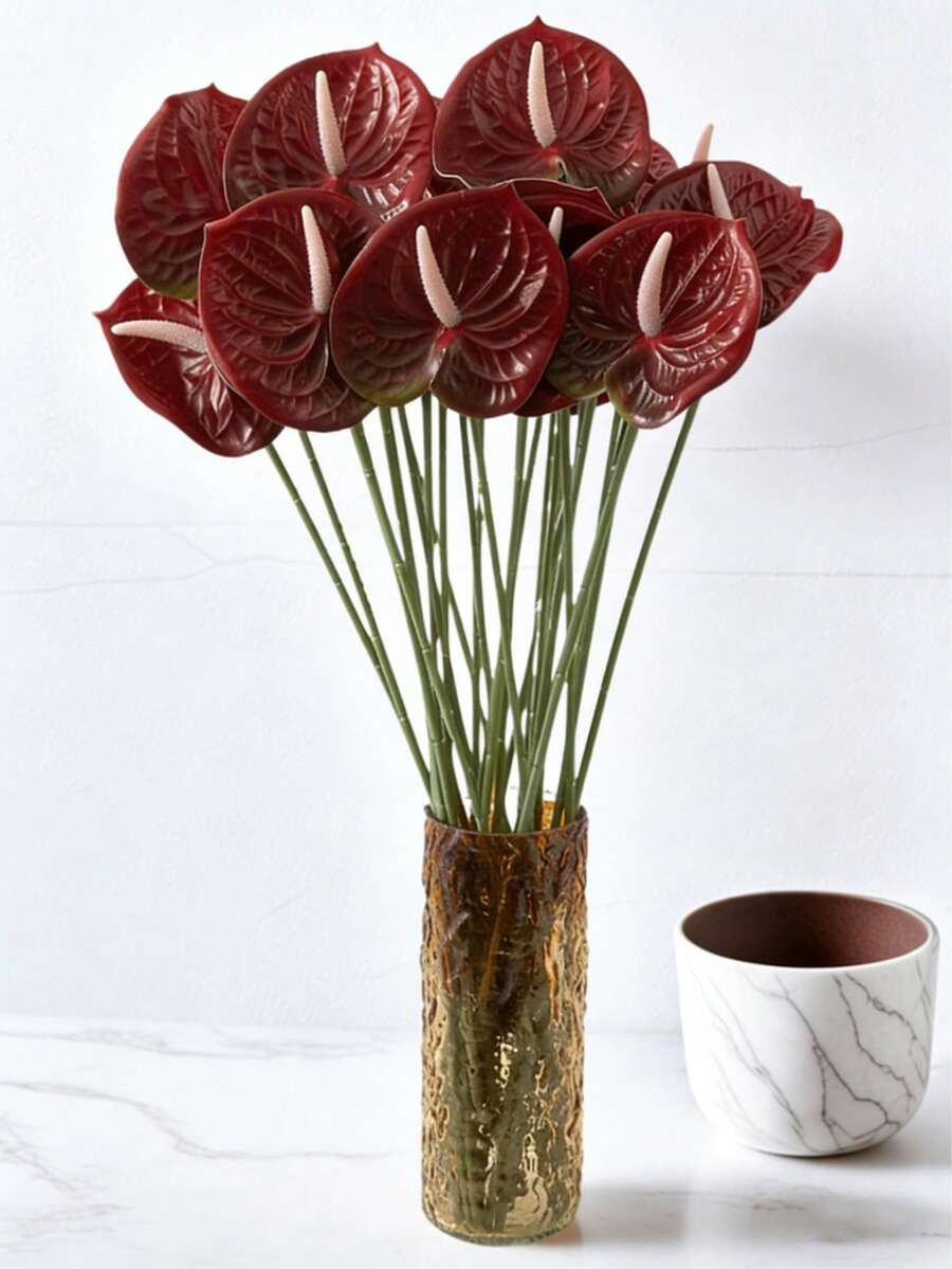 10/5 Pcs Artificial Anthurium Lily Flowers (Red), For Wedding, Office, Party, Hotel, Home Table Deco - Burgundy - View 1
