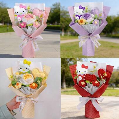 SANRIO 针织花束成品，毛线花束，手工仿真花，永不凋谢，母亲节、情人节礼物，家居装饰，可重复使用花卉套装
