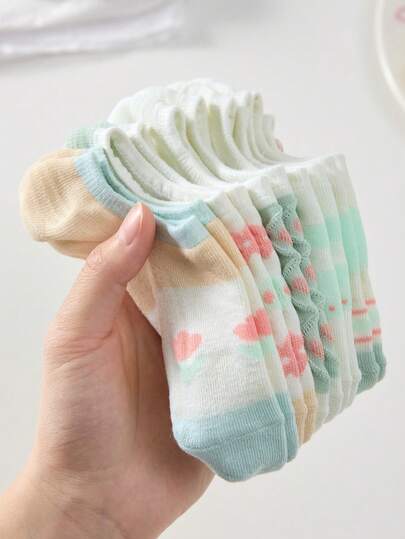 5双装女士绿色花卉隐形袜，可爱粉彩花卉爱心隐形袜，花卉格纹乐福袜/短袜，适合居家、办公、度假、休闲、商务场合，颜色随机