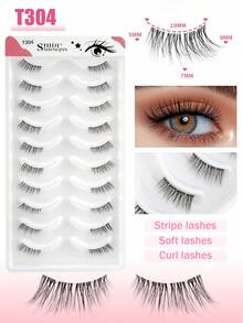 SHIDISHANGPIN 10对透明杆假睫毛，3D手工仿貂毛半眼睫毛，纤细柔软交叉卷翘延长款，适合小眼睛女孩日常及派对妆容 - 黑色 - 查看 5