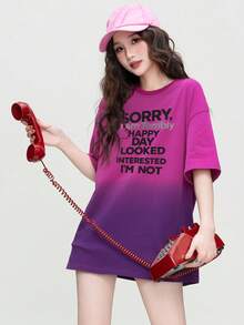 Áo thun cotton cổ tròn dáng rộng in chữ tiếng Anh màu đỏ thanh long ombre mùa hè 2026, thích hợp mặc ngoài trời/đi làm. - 0A19 Thanh long đỏ - KJ0211 Đen - Xem 2