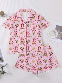Women's Sleepwear And Home Wear, Soft Sleep Tops And Casual Shorts With Pockets, Patterned Printed Lapel Short Sleeved Shorts, All Season Use - 粉色 - 查看 2