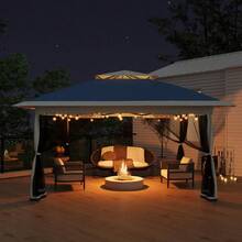 Cenador plegable de 3x3 m, carpa de jardín con doble techo y mosquitera, incluye 4 sacos de arena y bolsa de transporte. Carpa instantánea, altura regulable, ideal para jardín y eventos. - Azul Marino - Ver 4