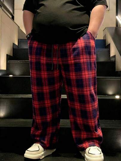 Plus Size Men's Plaid Drawstring Waist Casual Pants, Spring/Autumn