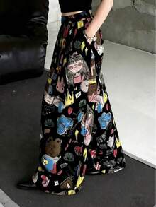 女士卡通印花阔腿裤，宽松休闲裤 - 黑色 - 查看 5
