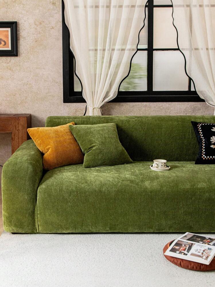 1pc Solid Color Thick Chenille Sofa Cover, Elastic Soft Warm Winter, Pet Friendly Anti-Slip Anti-Dirt, Fit For 1/2/3/4 Seater Sofa - Green - View 5