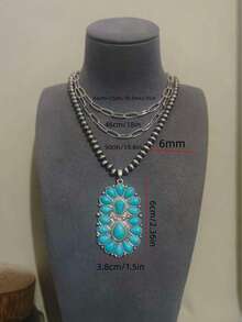 1pc Western Cowgirl Style Layered Necklace, Alloy Inlaid Turquoise Pendant, Suitable For Daily Wear And Parties - Turquoise Necklace - View 2