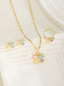 4pcs Cute Delicate Butterfly Zirconia Inlaid Pendant Necklace, Earrings, Ring Jewelry Set, Perfect Gift For Graduation, Family And Friends - Multicolor - View 5