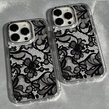 蕾絲極簡黑色合金時尚 TPU 1件裝黑色蕾絲花朵金屬框架 TPU 手機殼，適用於 Apple 17 16 15 14 13 12 11 XS XR X 8 7 Plus Pro Max 系列，個性化 INS 風格防護套，極簡商務防摔高端手機殼 春季禮物派對 - 多色3 - 查看 3