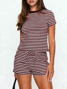 Women's Summer Shorts Outfit Casual Loose Fit Stylish Striped Crew Neck Short Sleeve Tops And Shorts 2 Pcs Set - 粉色 - 查看 2