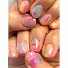 24pcs Short Square Fake Nails Simple Colorful Ink Press On Nails Wearable False Nail For Women New Year Gift Nail Supplies - 彩色 - 查看 1